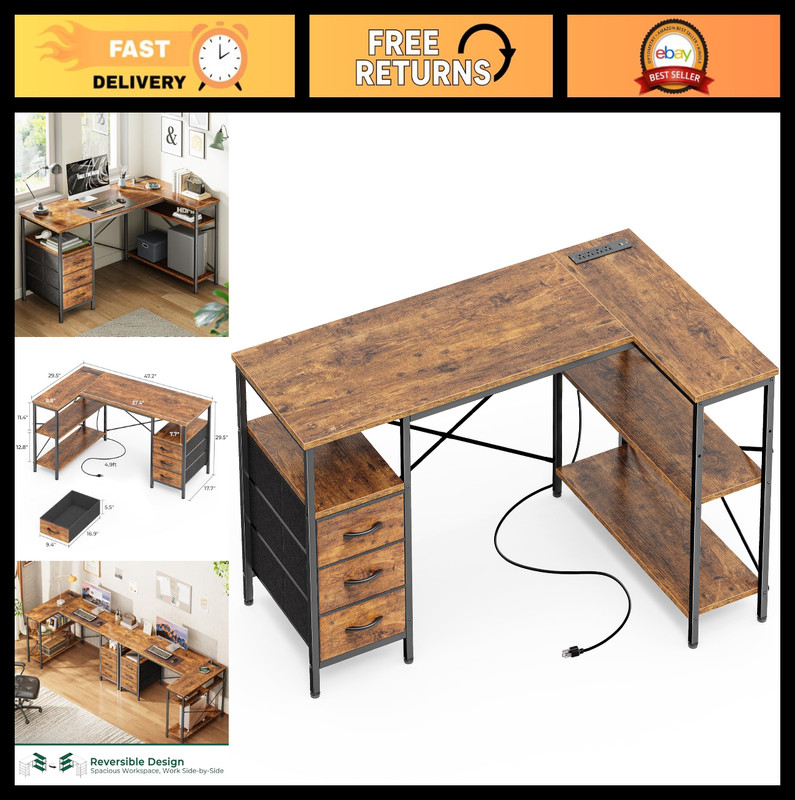 L Shaped Office Desk with Power Outlets, 47″ Computer Desk, 3 Drawers, Shelves,