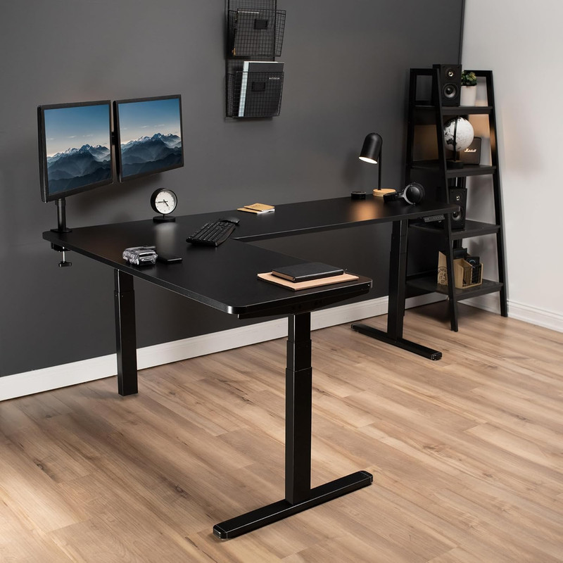 Electric Height Adjustable L-Shaped Stand Up Desk with Memory Controller gallery