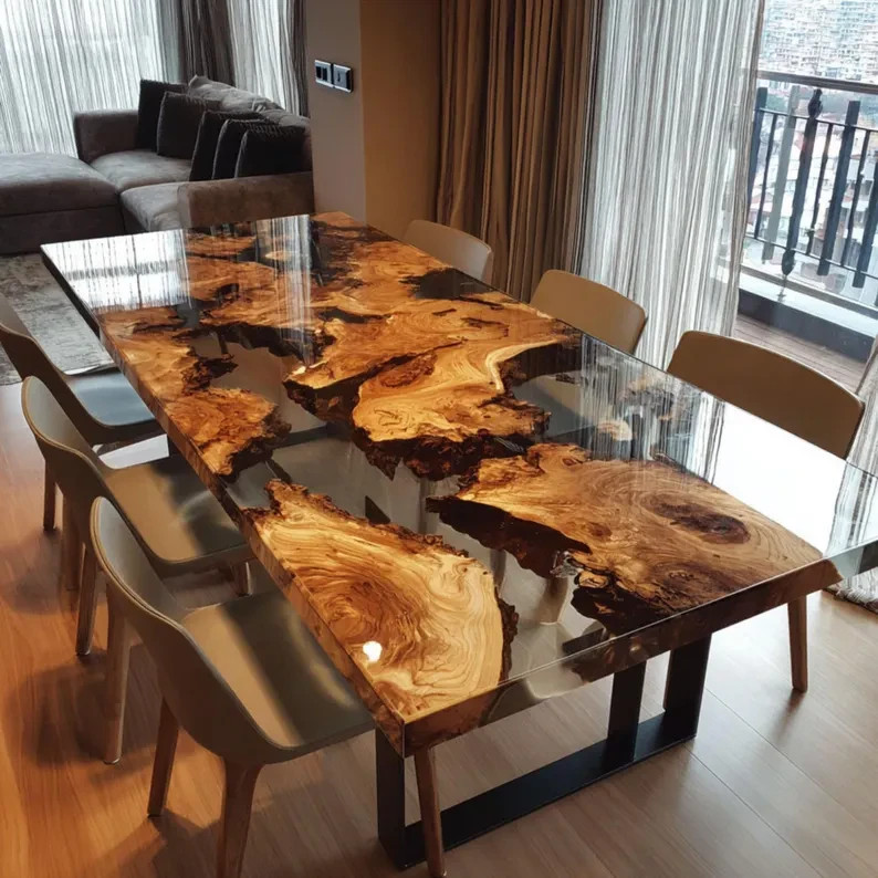 Modern Walnut Epoxy River Dining Table – Handmade Live Edge Wood