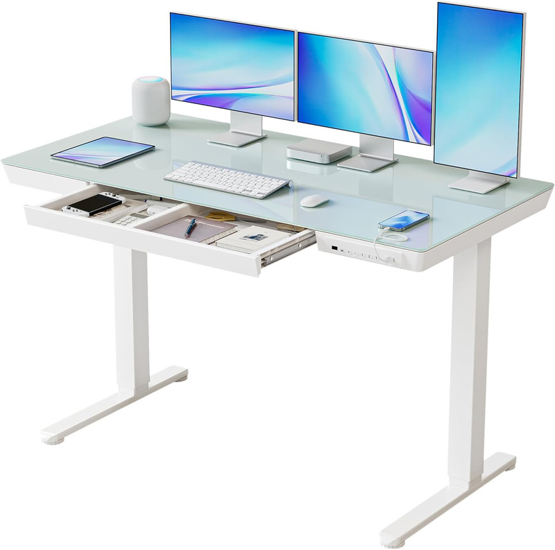 Ergonomic Electric Standing Desk with Drawers, 55″ Glass Top, Adjustable Height