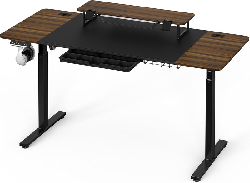 Walnut 62-Inch Electric Height Adjustable Standing Desk with Drawer & Riser