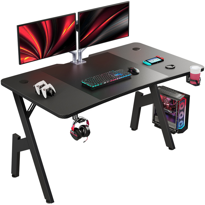 Gaming Desk with Headphone Hook & Cup Holder, Gaming Table with Mouse Pad, Black
