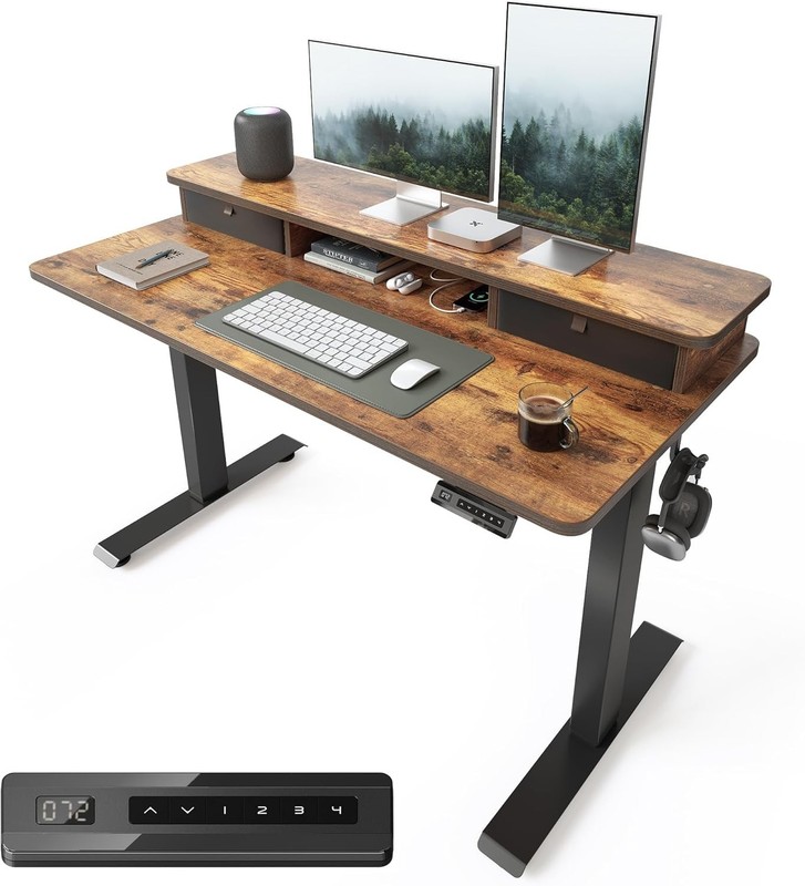 48 x 24 Inch Height Adjustable Electric Standing Desk W/ Double Drawer Stand Up