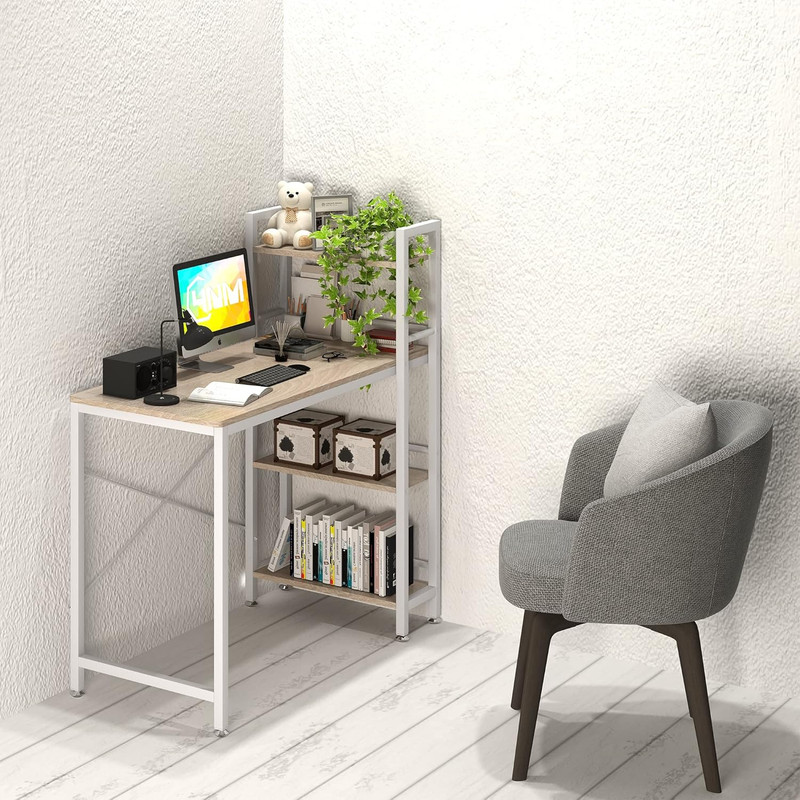 Compact 35" Computer Desk with 4-Tier Bookshelf for Small Spaces - Natural/White gallery