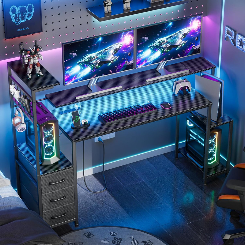 55 Inch Gaming Desk with LED Lights & Power Outlets,Computer Desk with Fabric Dr gallery