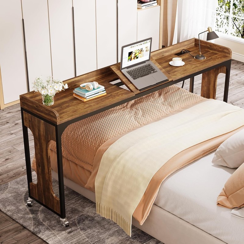 Overbed Table with Wheels, 71″ Queen Size Bed Table with Adjustable Tilt Board