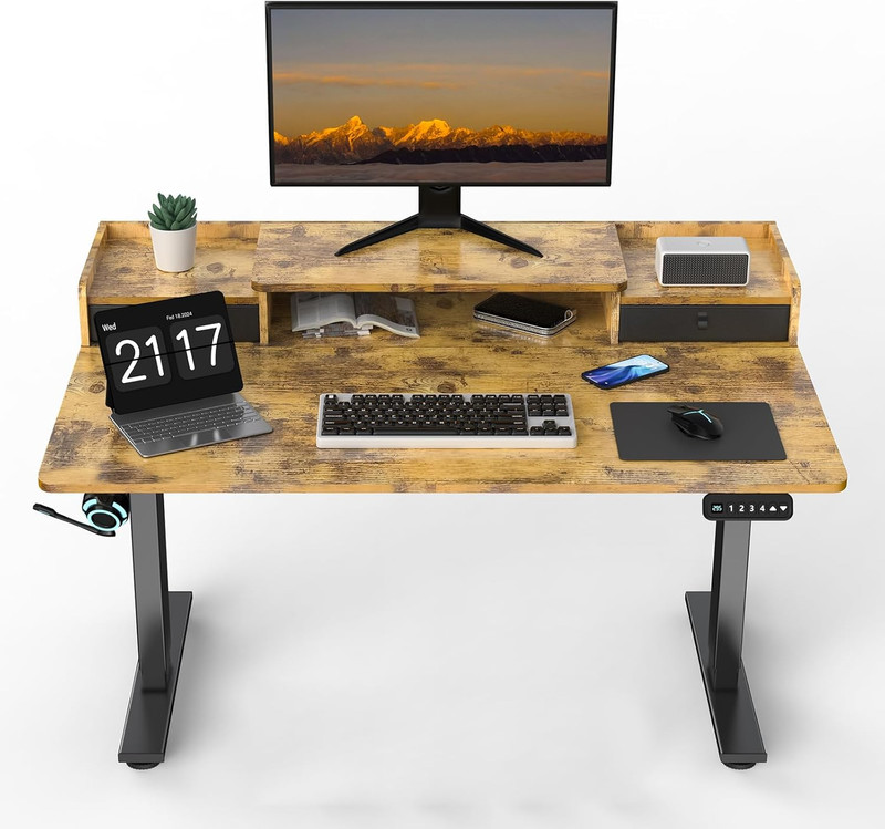 Adjustable Electric Standing Desk 48″x30″ with 2 Drawers & Storage Shelf