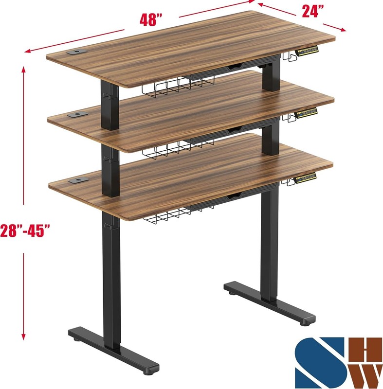 Modern Walnut Electric Adjustable Standing Desk with Cable Management & Drawer gallery