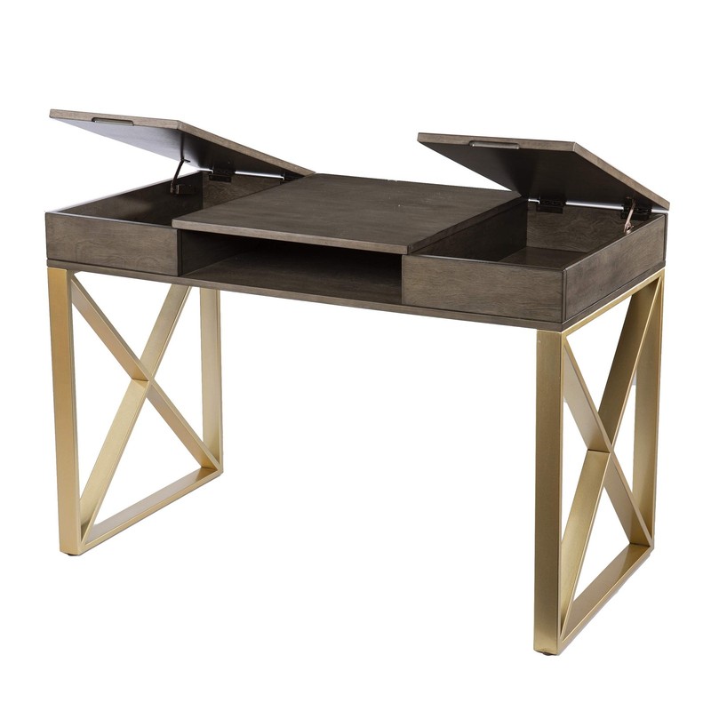 Maklaine Transitional Engineered Wood 2-Tone Desk with Storage in Gray / Gold gallery