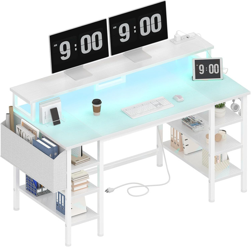 47" White Desk with Storage, LED Lights & Power Outlets for Home Office/Gaming
