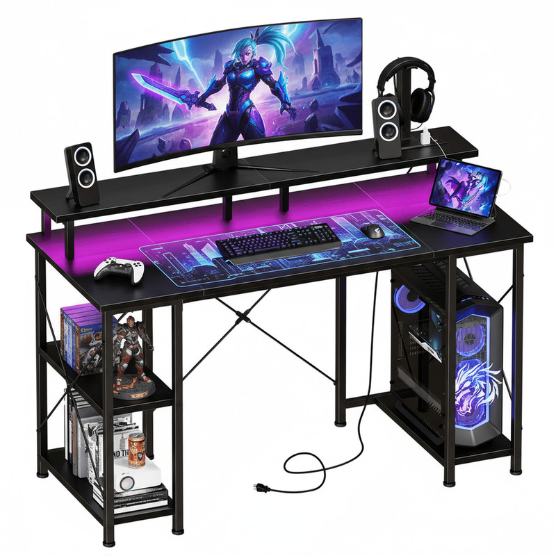 48″ Computer Gaming Desk w/ LED Light Power Outlet Monitor Stand Headphone Hook