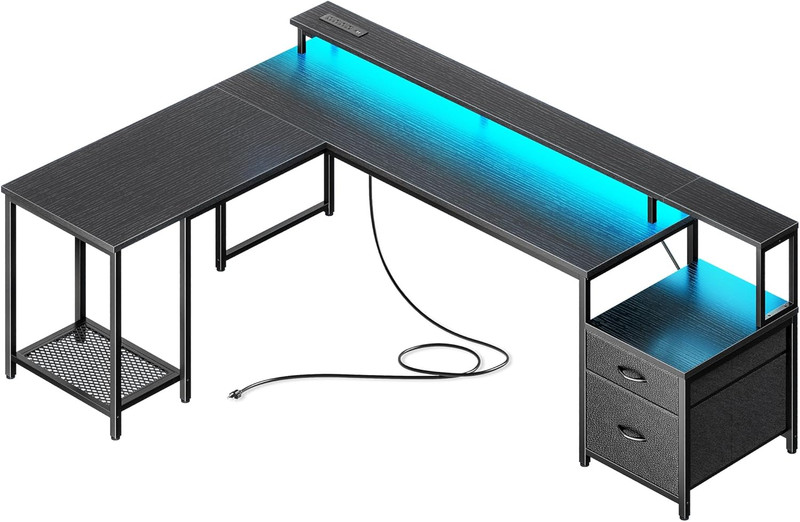 PRAISUN 66″ L Shaped Gaming Desk with LED Lights & Power Outlets, Computer Desk