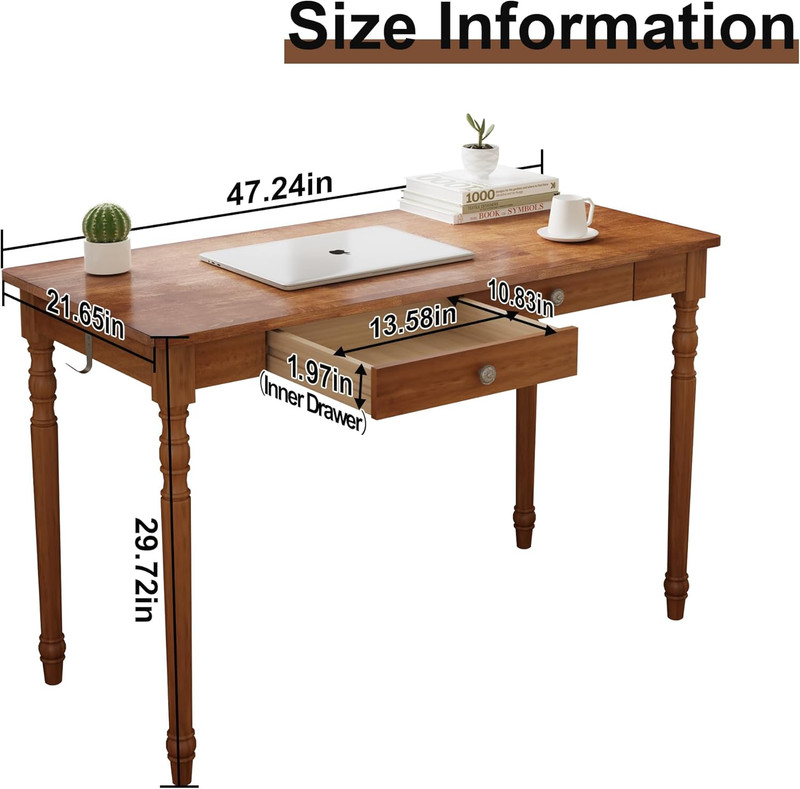 Mid Century Modern 48" Desk - Walnut Rubber Wood with Drawers & Hooks gallery