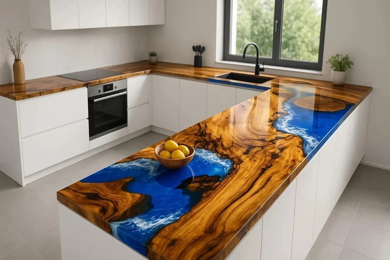 Luxury Blue Ocean Epoxy Kitchen Countertop – Custom Island Slab for Contemporary