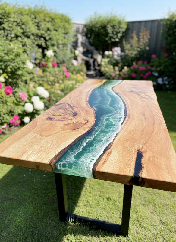 Green Ocean Wave Epoxy Resin Dining Table | Handmade Live Edge Wood Table gallery