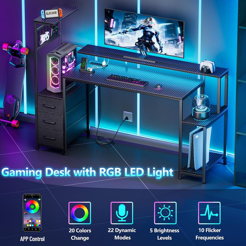55 Inch Gaming Desk with LED Lights & Power Outlets,Computer Desk with Fabric Dr gallery