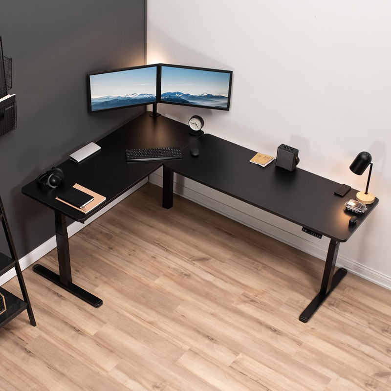 Electric Height Adjustable L-Shaped Stand Up Desk with Memory Controller gallery