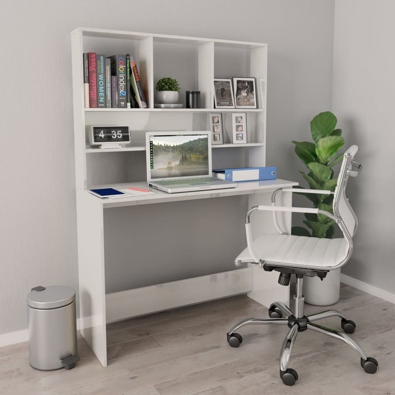 Desk with Shelves High Gloss White 43.3″ x 17.7″ x 61.8″ Engineered Wood
