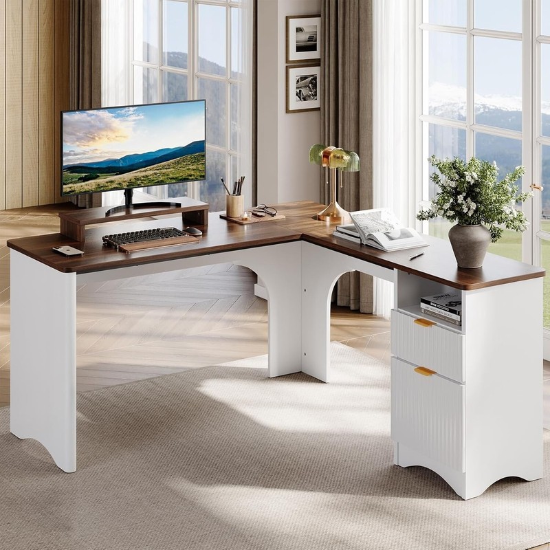 L Shaped Desk with File Drawer, 55.7″ x 55″ Office Computer Desk with Round C…