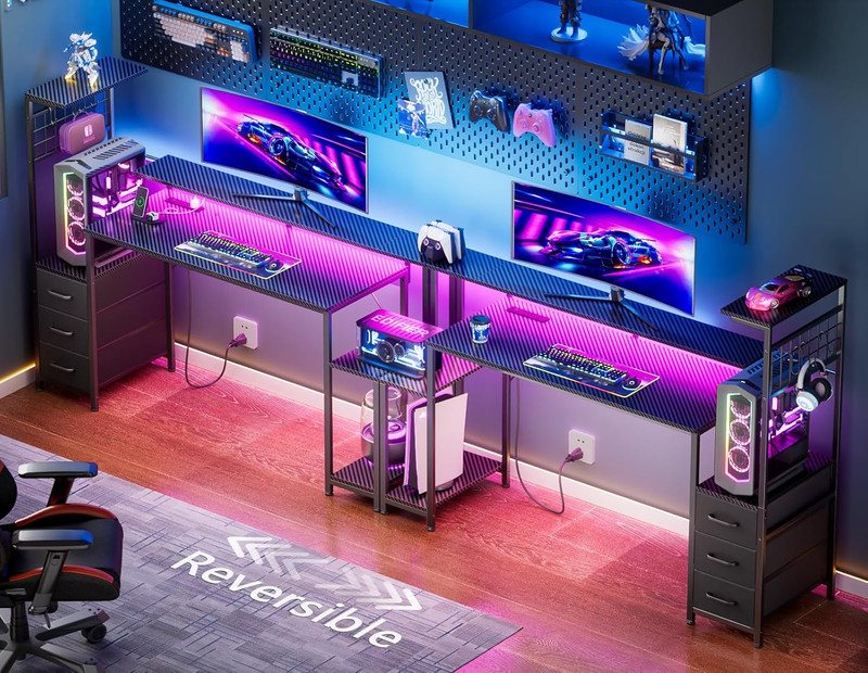 55 Inch Gaming Desk with LED Lights & Power Outlets,Computer Desk with Fabric Dr gallery