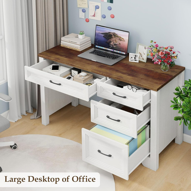 Farmhouse Home Office Desk with Drawers, Wood Computer Desk with Ample File Draw gallery