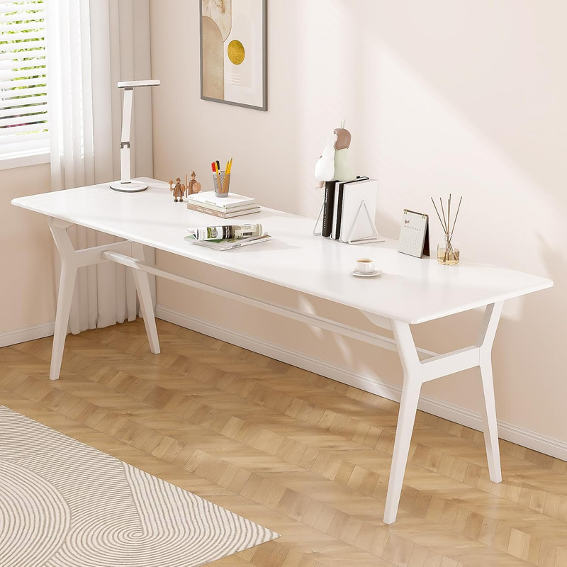 White Solid Wood 78.8″ Double Long Desk – 2-Person Home Office Workstation