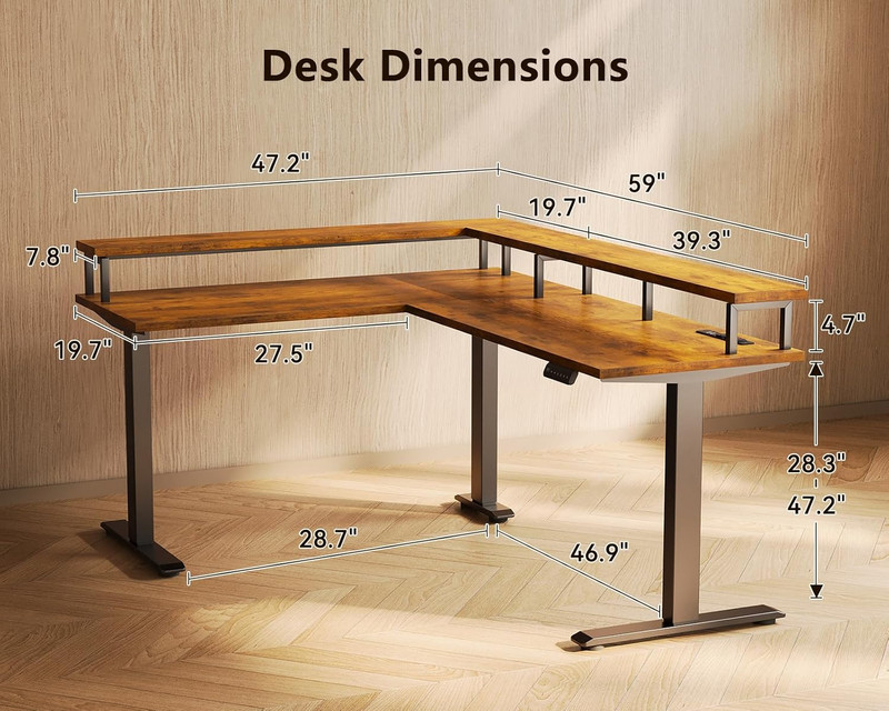 Electric L Shaped Standing Desk,59", w/ Power Outlets,Monitor Stand,Rustic Brown gallery
