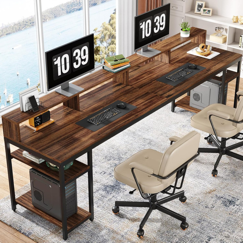 Two Person Desk with Monitor Stand, 78.74″ Long Double Computer Office Desk with