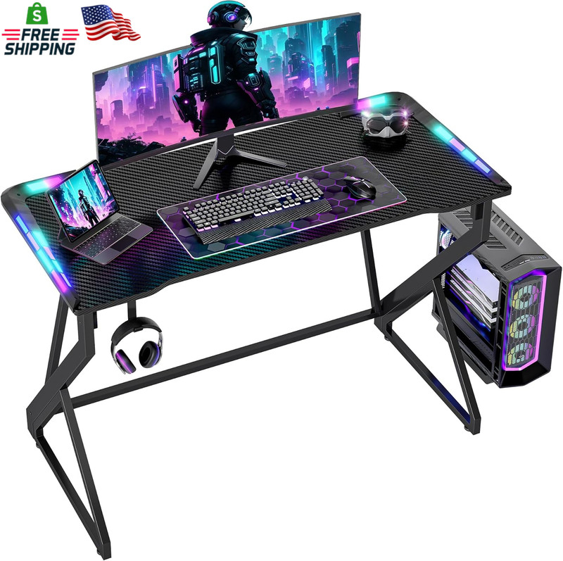 TIQLAB Gaming Desk with LED Lights, 40 Inch Computer Desk Z Shaped Gamer Worksta