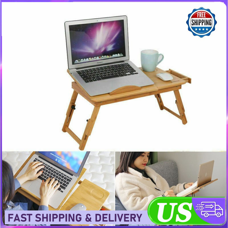 New Bamboo Folding Laptop Table Bed Stand Laptop Table Computer Desk w/ Drawer ﻿