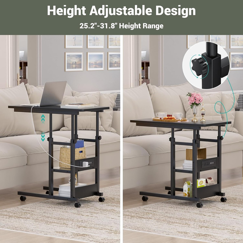Height Adjustable C-Shaped End Table with Wheels & Charging Station - Grey Oak gallery