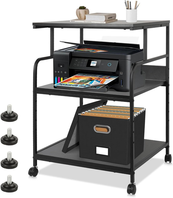 Large Printer Stand with Adjustable Storage Shelf, 3 Tier Printer Cart with Whee