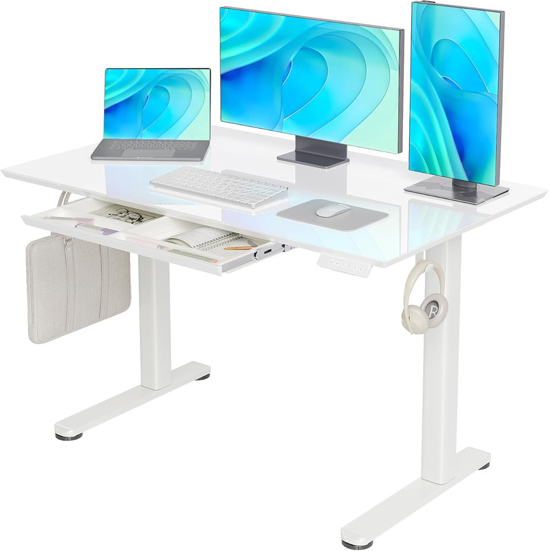 Glass Standing Desk with Drawers, 48×24 Inch Electric Adjustable Height Stand up