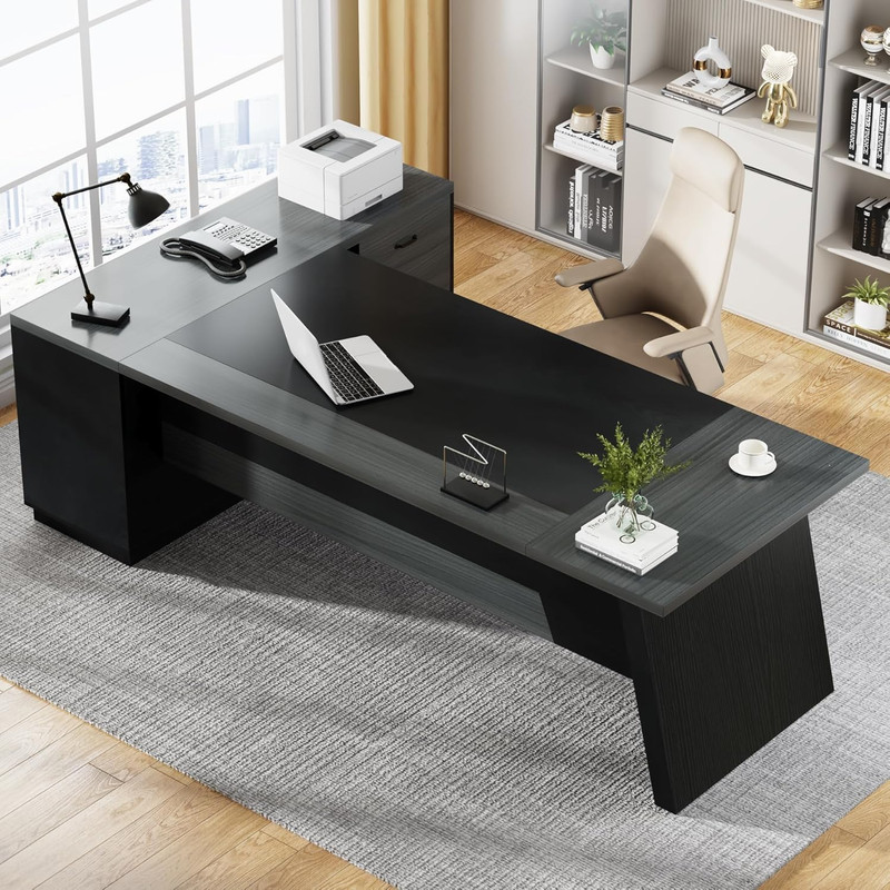 Modern L-Shaped Executive Desk with Storage, Grey & Black Home Office Furniture gallery