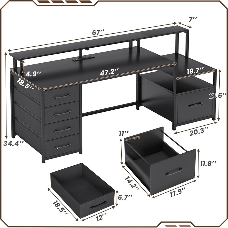 Computer Desk with Power Outlet &Led Lights, 66'' Home Office Desk w/File Drawer gallery