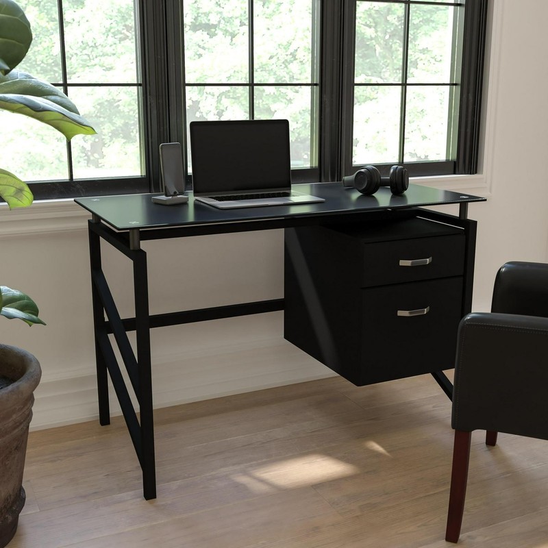 Two Drawer Pedestal Desk With Tempered Glass Top And Metal Frame