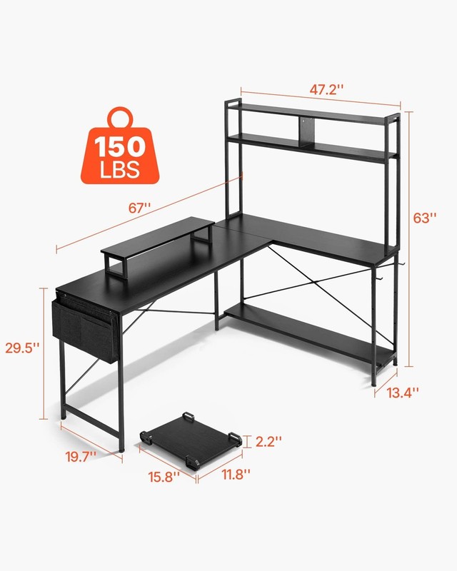 Reversible L-Desk 67": Monitor Stand, Adjustable Shelves, CPU Stand for Gaming gallery
