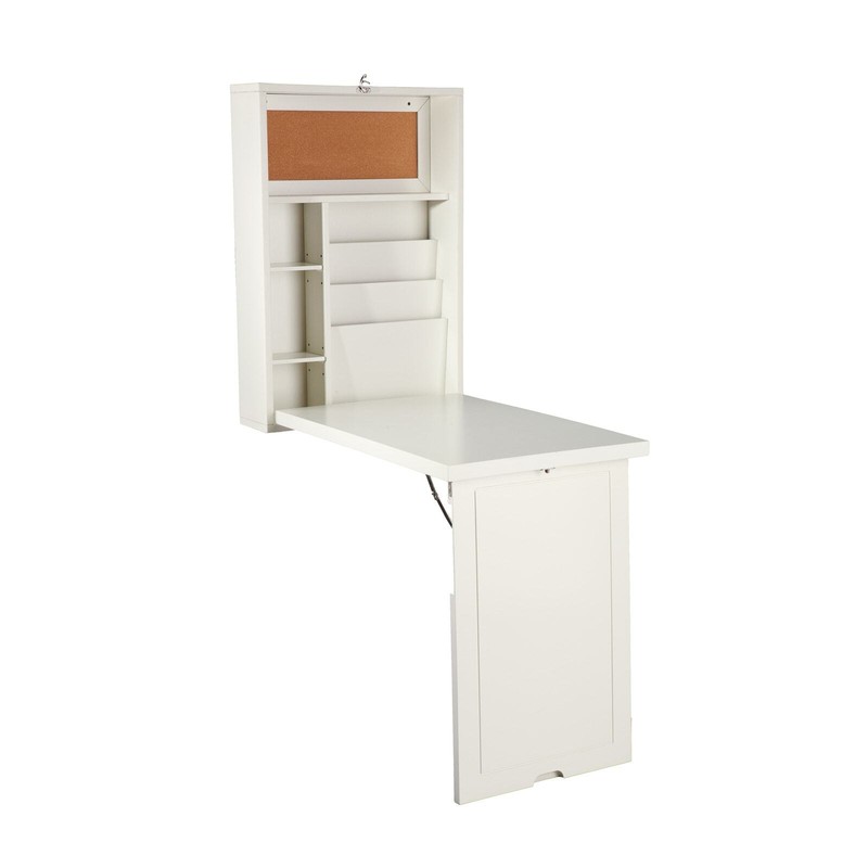 Floating Fold Down Desks with Built-In Storage, Antique White 36″D x 22″W x 58″H
