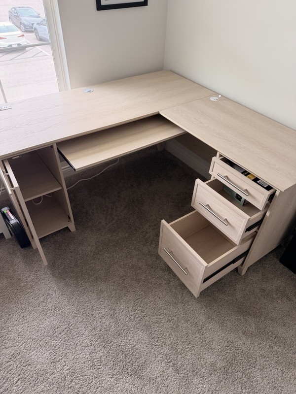 L-Shaped Corner Computer Desk, Light Wood Tone, 3 Drawers, Beige