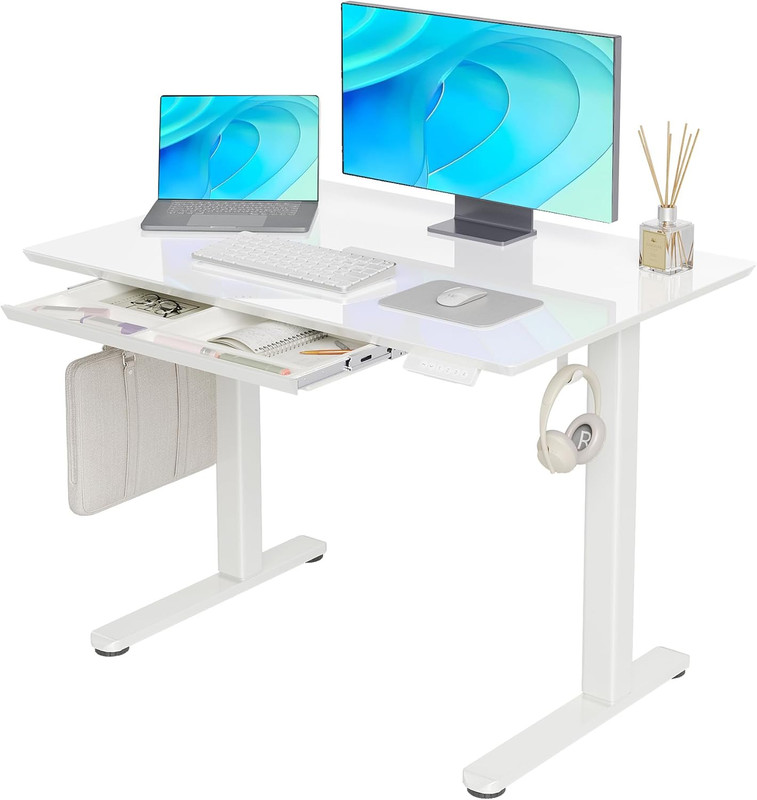 Adjustable Glass Standing Desk with Drawers, 40x24 Inch, White Finish