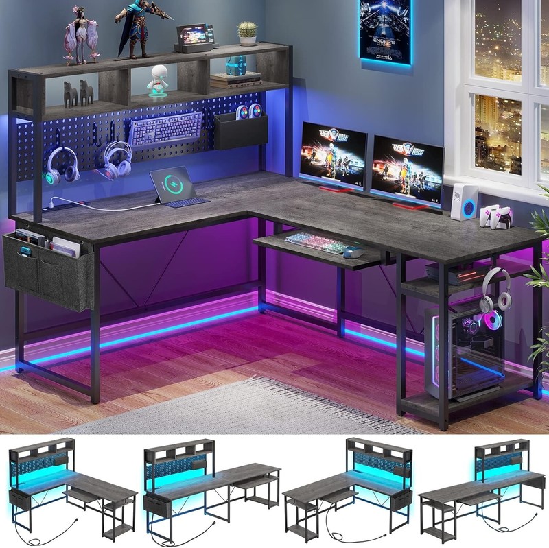 L Shaped Desk with LED Light, 94.5″ Home Office Desk with Power Outlet &Pegboard