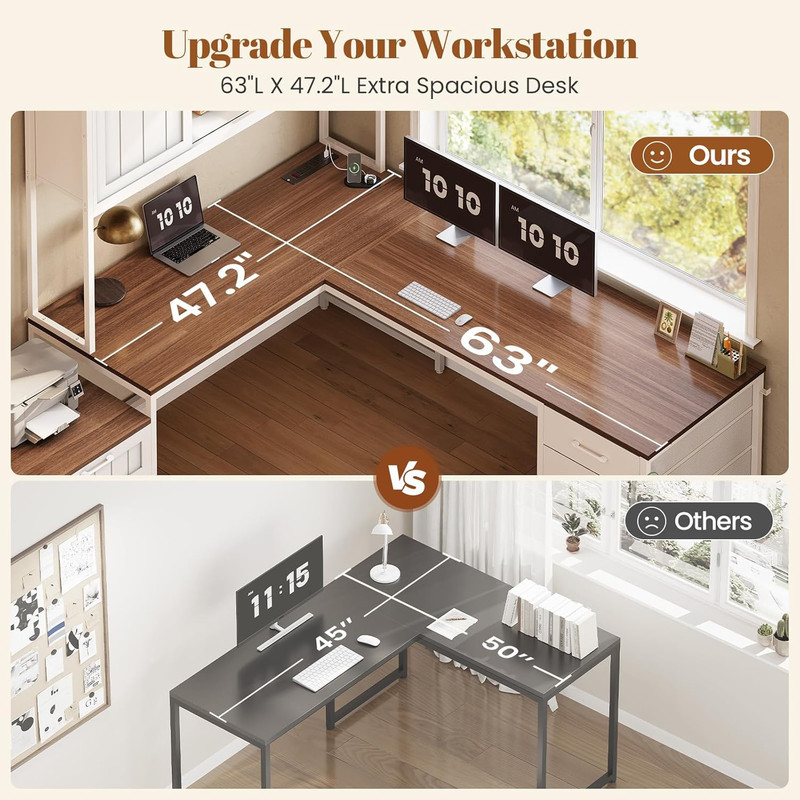 Farmhouse L Shaped Office Desk with 6 Drawer, Reversible Computer Desk with Powe gallery