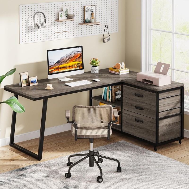 Industrial L-Shaped Desk with 3 Drawers Reversible Corner Office Computer Desk