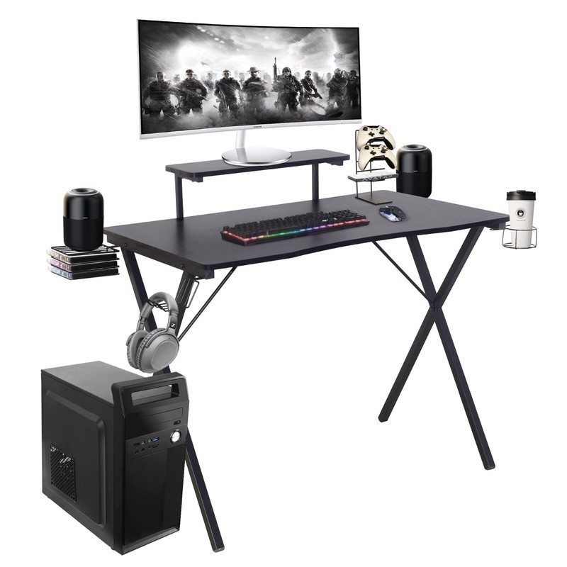 X-Shaped Computer Gaming Desk with Integrated Monitor Stand, Hook and Cup Holder