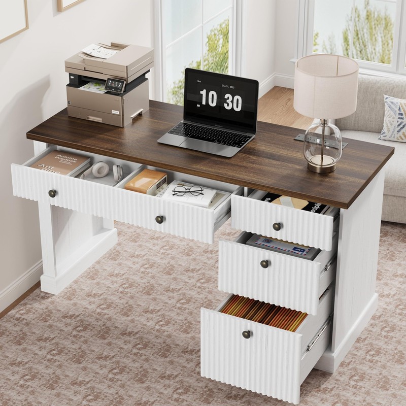 54″ Wooden Executive Computer Desk w/ Charging Station File Drawers Writing Desk