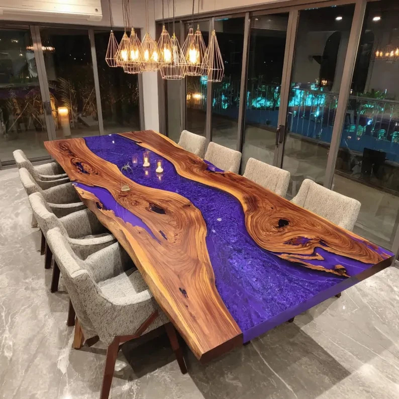 Custom Handmade Epoxy River Table | Walnut Live Edge Dining Table | Solid Wood