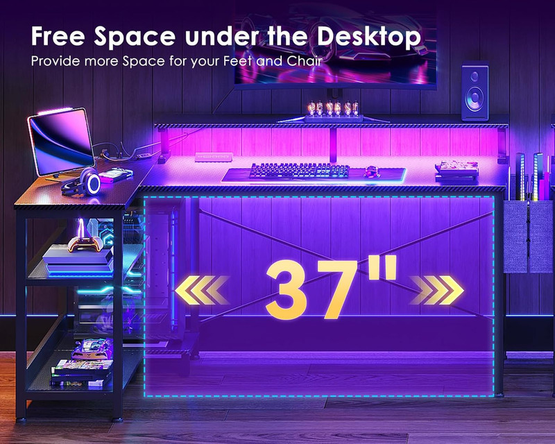 48 Inch Gaming Desk with USB Charging Ports and LED Lights, Reversible L Shaped gallery