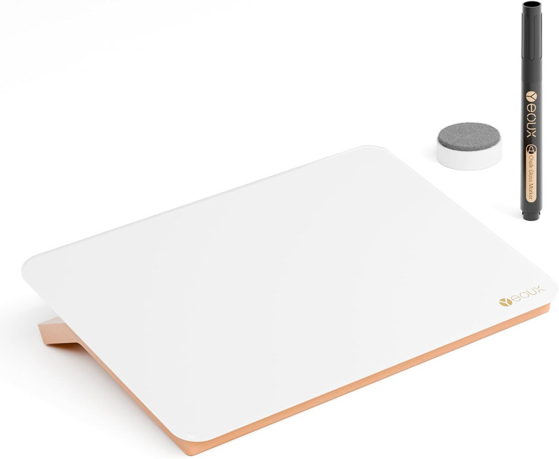 Glass Desk Whiteboard with Reversible Wood Stand, Desktop Small White Board, Reu