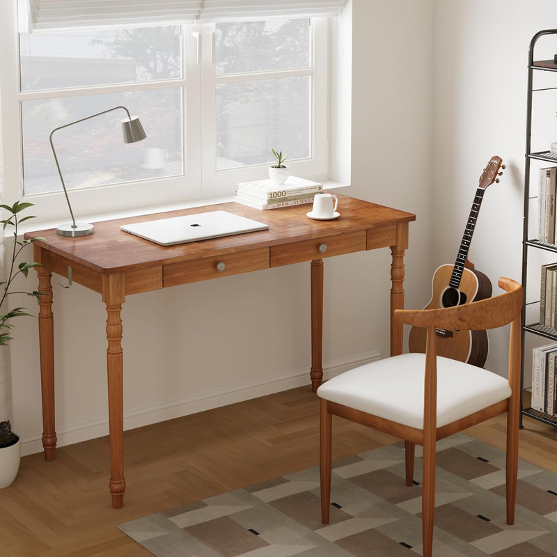 Mid Century Modern 48" Desk - Walnut Rubber Wood with Drawers & Hooks gallery