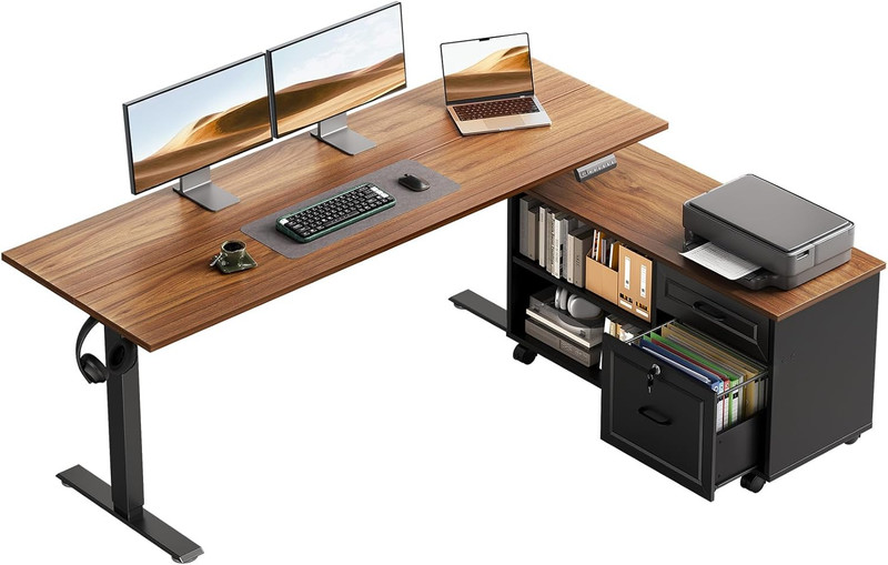 55 Inch L Shaped Electric Standing Desk with Drawers & File Cabinet Sets, Execut